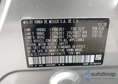 2021 Honda Hr-V Awd Lx из США, поврежденный, VIN 3CZRU6H31MM709675